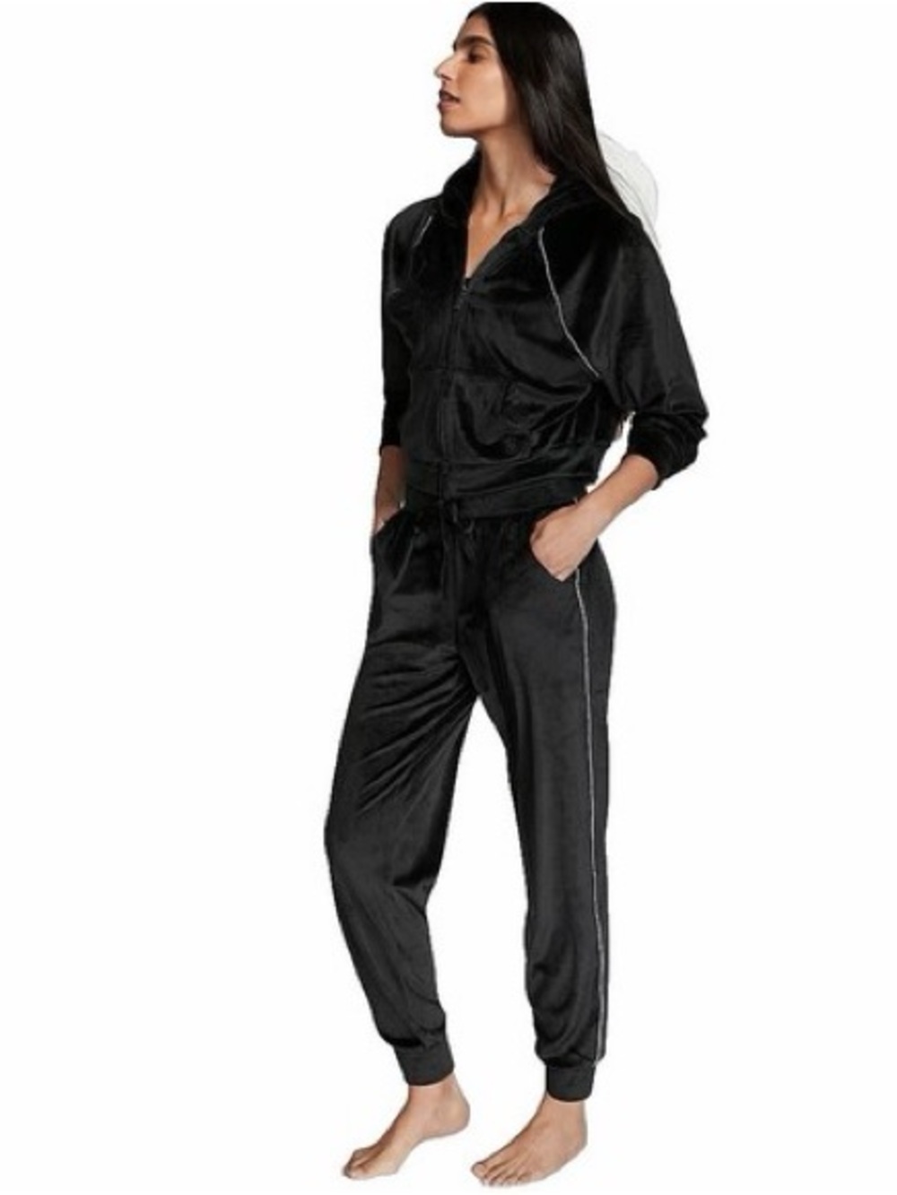 Victoria’s Secret Black Velour Women's Zip-Front Hoodie & Jogger set